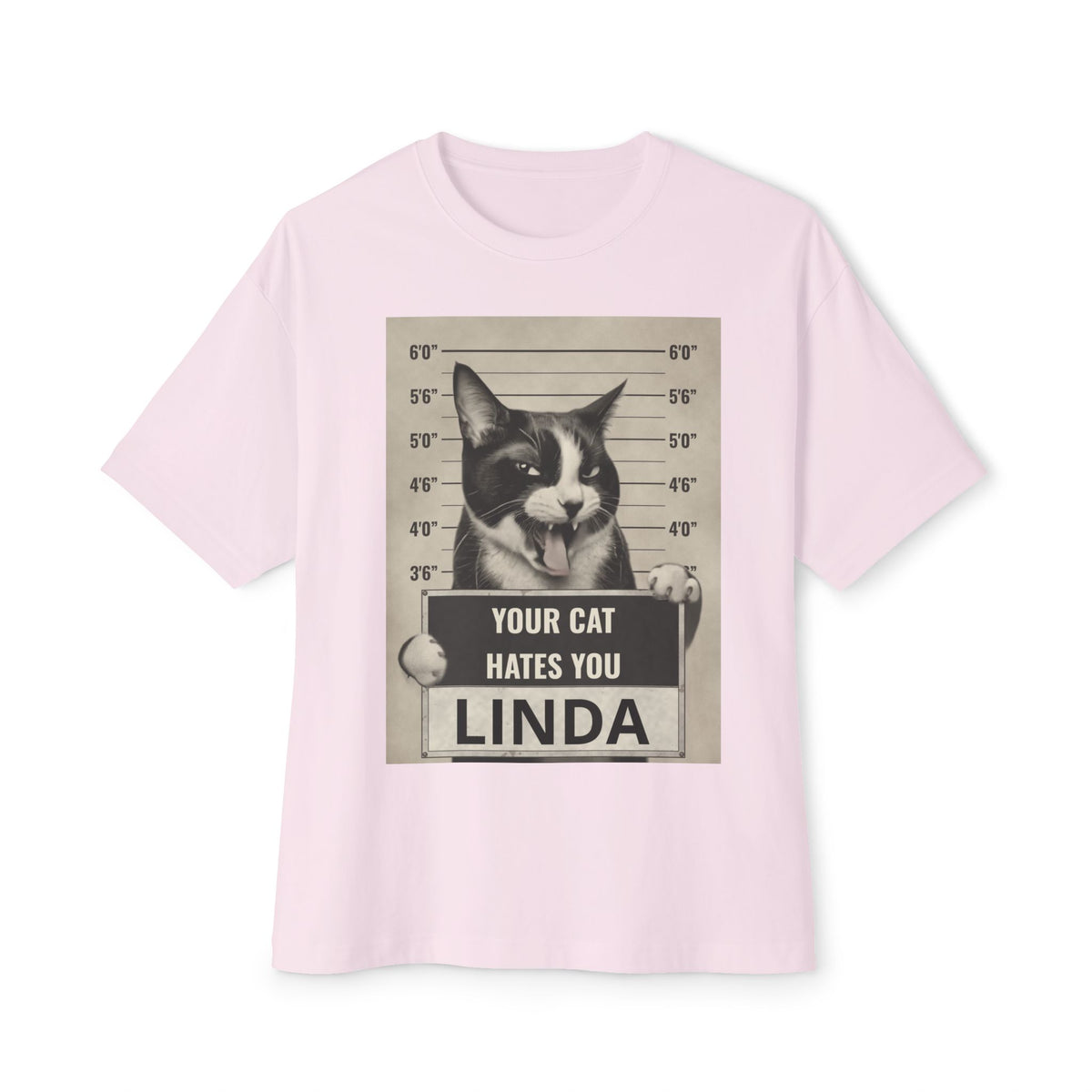 Graphic Tee — 'Your Cat Hates You, Linda' Mugshot Cat Shirt