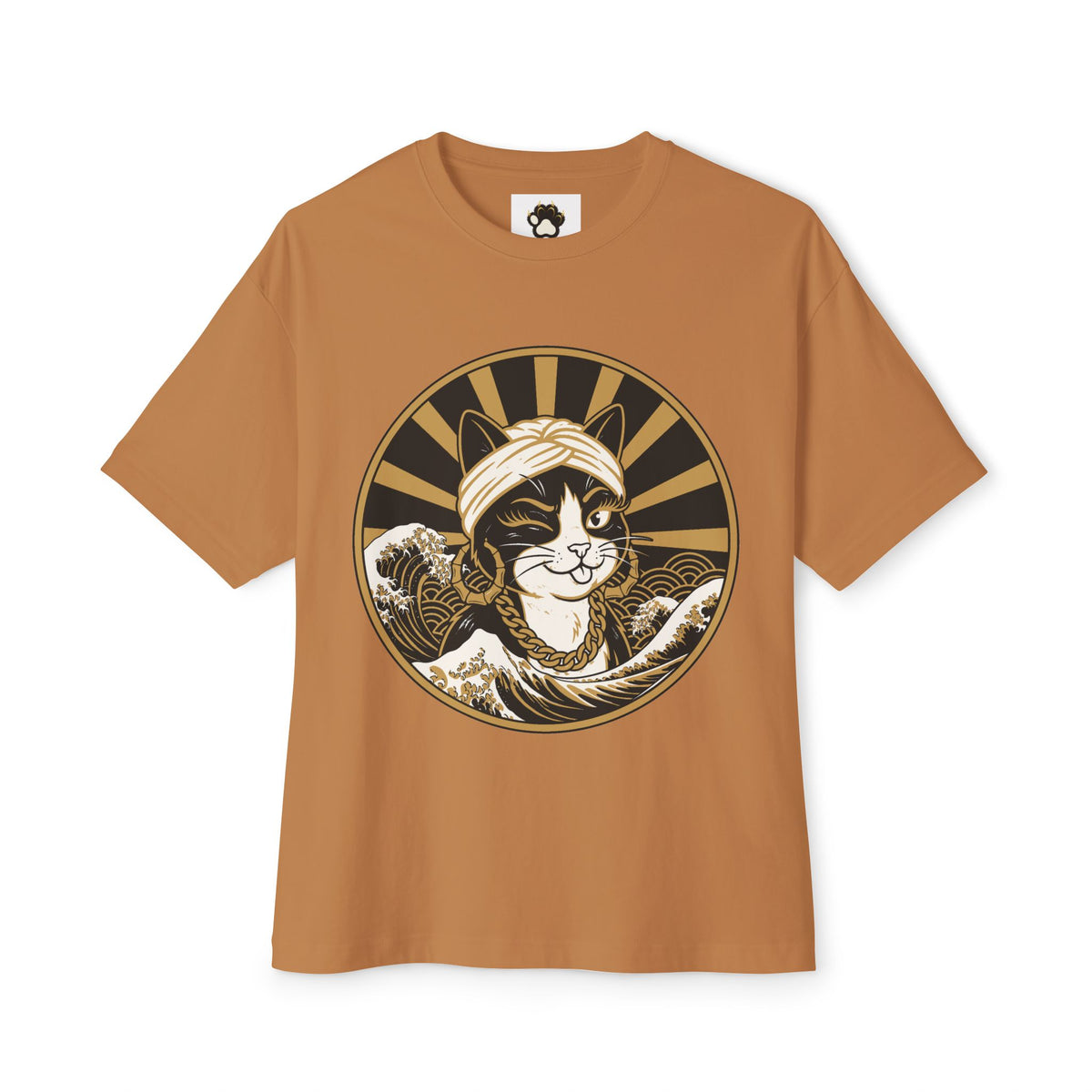 Cat Wave Tee — Retro Samurai Cat Graphic Boxy T‑Shirt