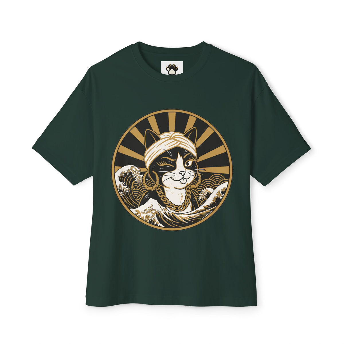 Cat Wave Tee — Retro Samurai Cat Graphic Boxy T‑Shirt