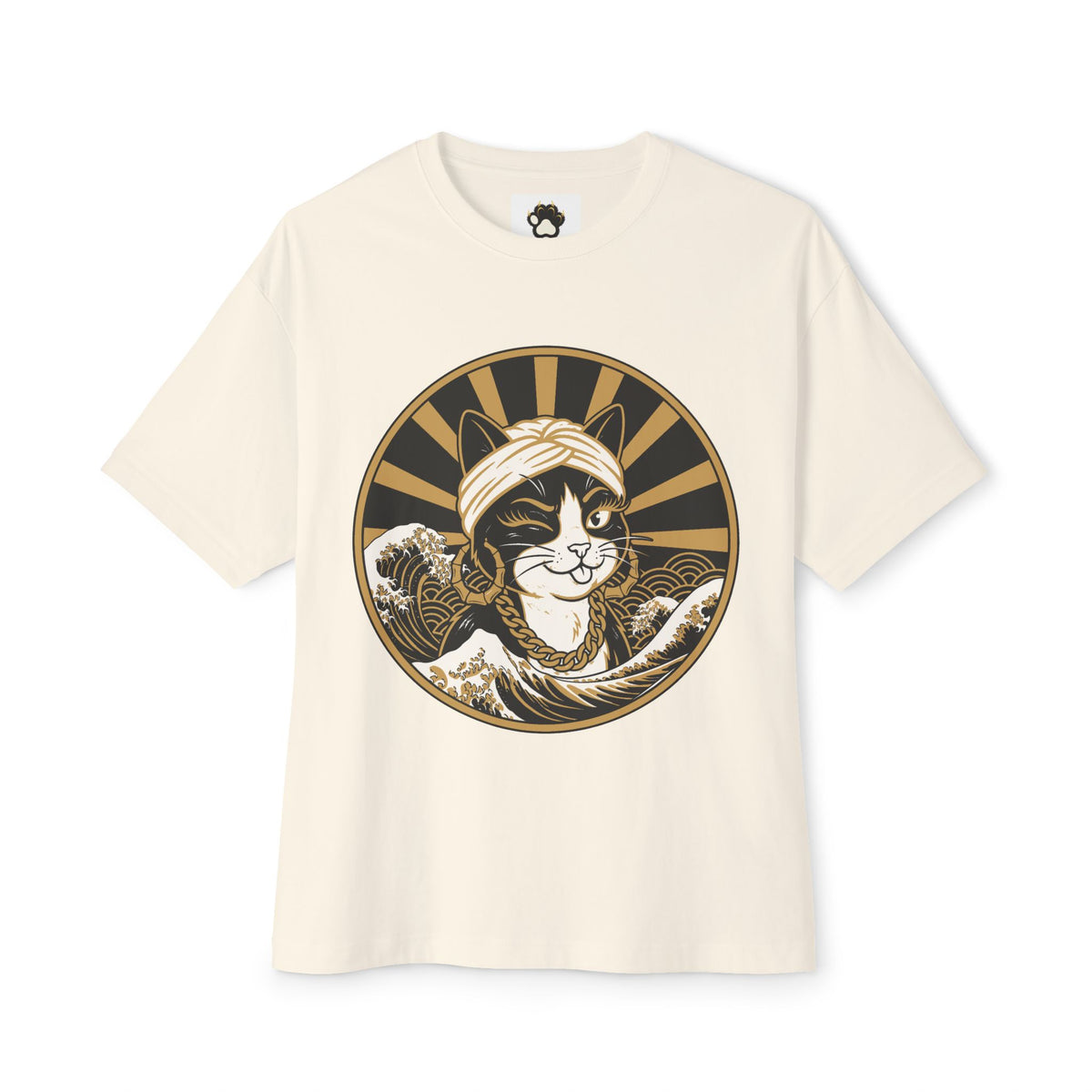 Cat Wave Tee — Retro Samurai Cat Graphic Boxy T‑Shirt
