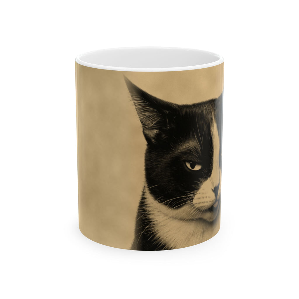 Tuxedo Cat Ceramic Mug – Vintage Sepia Cat Photo Coffee Cup (11oz, 15oz)