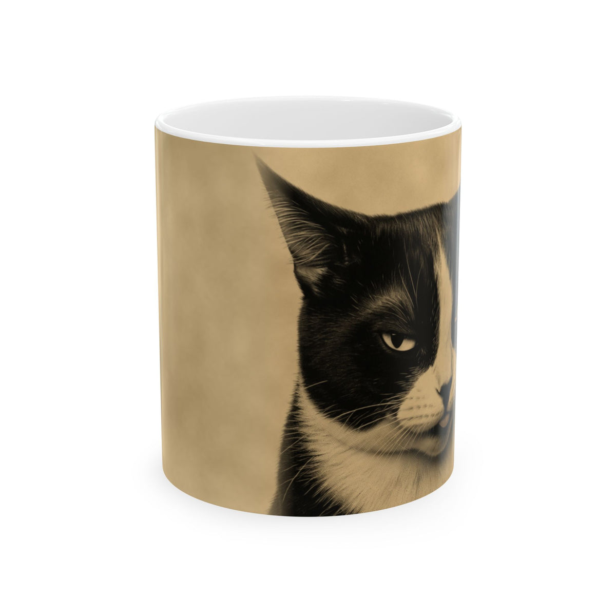 Tuxedo Cat Ceramic Mug – Vintage Sepia Cat Photo Coffee Cup (11oz, 15oz)