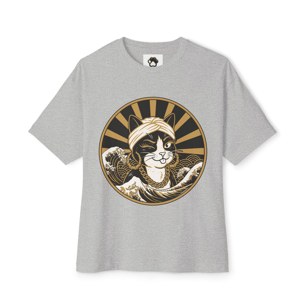 Cat Wave Tee — Retro Samurai Cat Graphic Boxy T‑Shirt