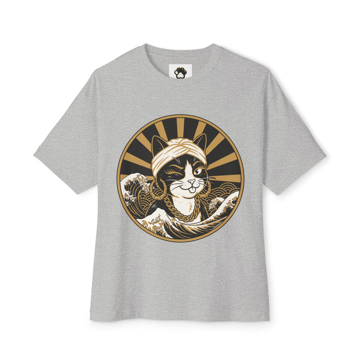 Cat Wave Tee — Retro Samurai Cat Graphic Boxy T‑Shirt