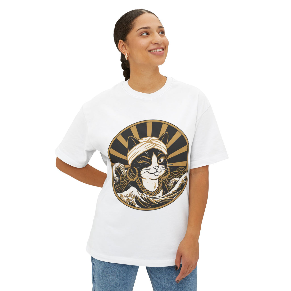 Cat Wave Tee — Retro Samurai Cat Graphic Boxy T‑Shirt