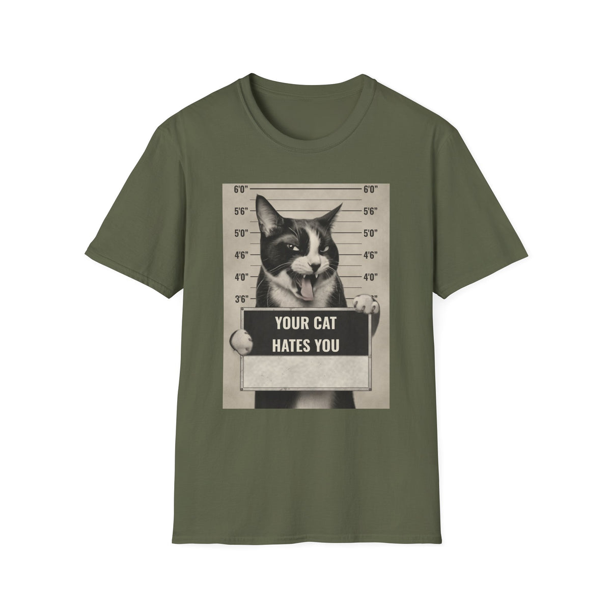 Cat Mugshot T-Shirt — “Your Cat Hates You” Funny Cat Lover Tee