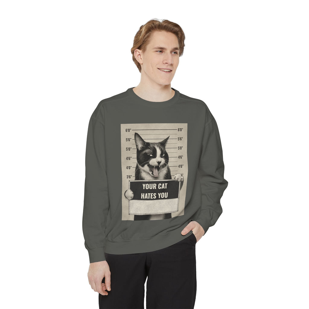 Cat Mugshot Sweatshirt — “Your Cat Hates You” Vintage Pet Lover Pullover