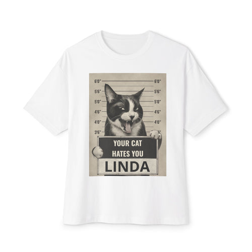 Graphic Tee — 'Your Cat Hates You, Linda' Mugshot Cat Shirt