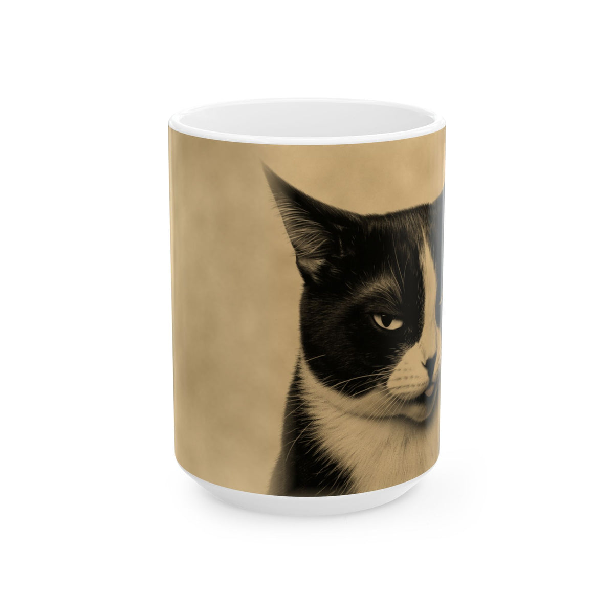 Tuxedo Cat Ceramic Mug – Vintage Sepia Cat Photo Coffee Cup (11oz, 15oz)