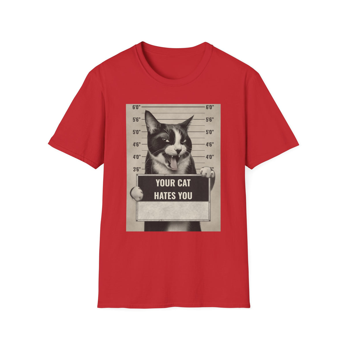 Cat Mugshot T-Shirt — “Your Cat Hates You” Funny Cat Lover Tee