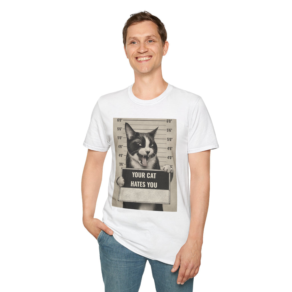 Cat Mugshot T-Shirt — “Your Cat Hates You” Funny Cat Lover Tee
