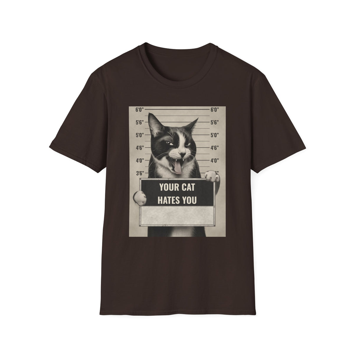 Cat Mugshot T-Shirt — “Your Cat Hates You” Funny Cat Lover Tee