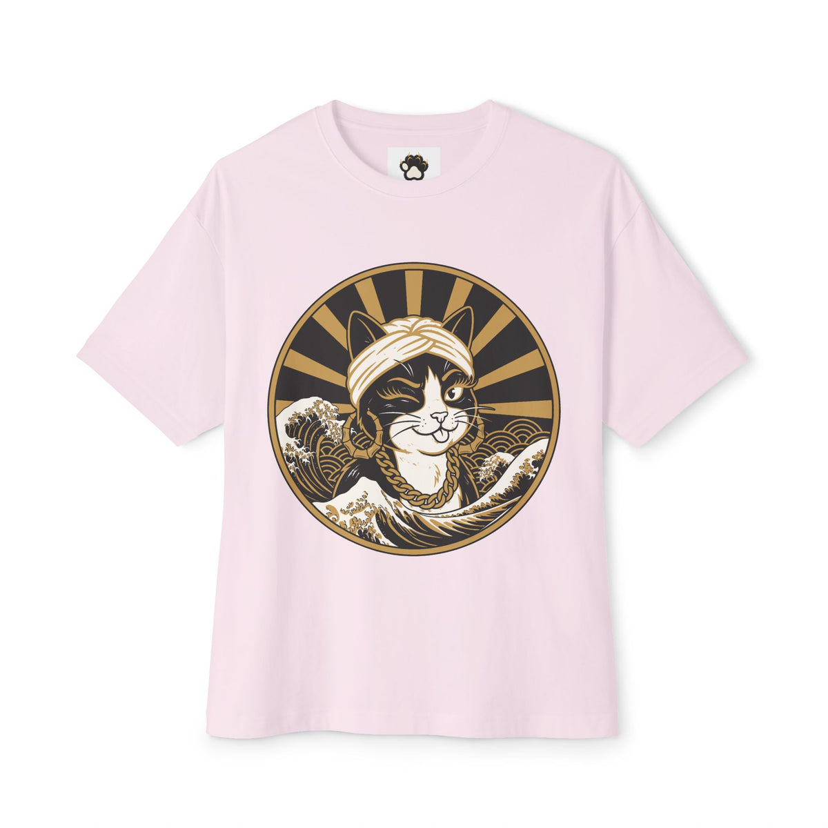 Cat Wave Tee — Retro Samurai Cat Graphic Boxy T‑Shirt