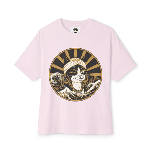 Cat Wave Tee — Retro Samurai Cat Graphic Boxy T‑Shirt
