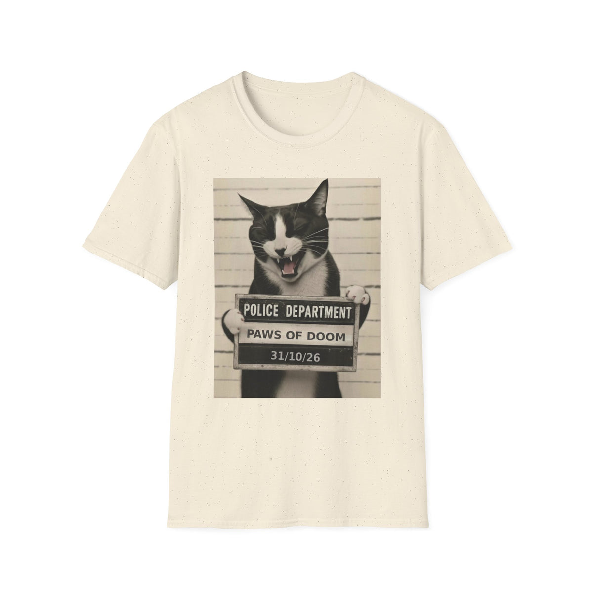 Mugshot Cat T-Shirt – 'Paws of Doom' Funny Vintage Police Poster Tee