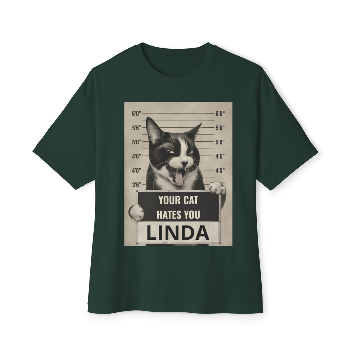 Graphic Tee — 'Your Cat Hates You, Linda' Mugshot Cat Shirt