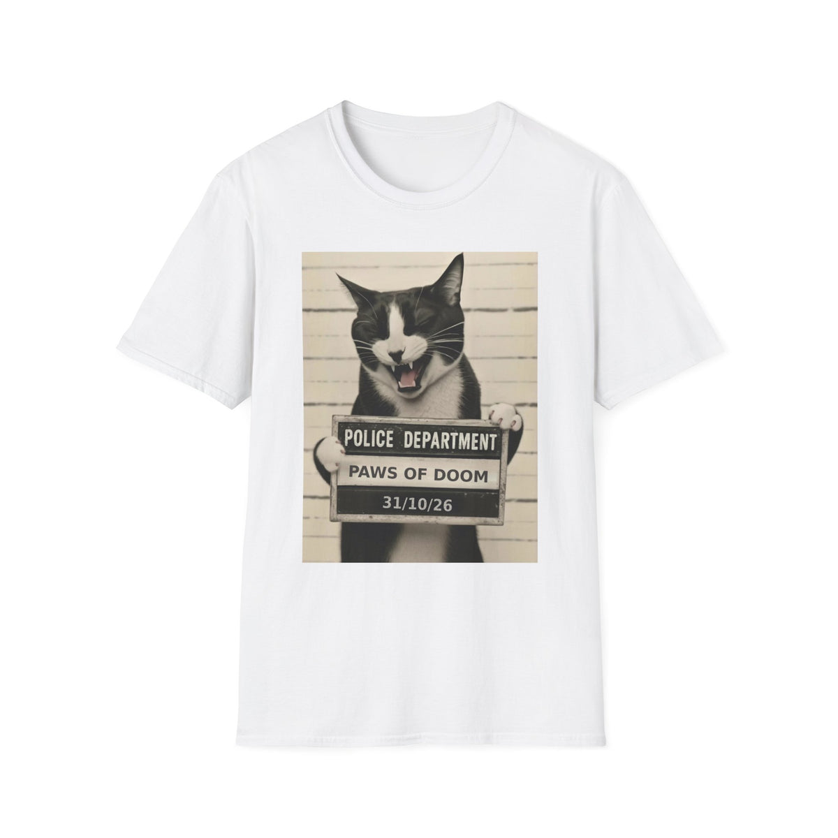 Mugshot Cat T-Shirt – 'Paws of Doom' Funny Vintage Police Poster Tee
