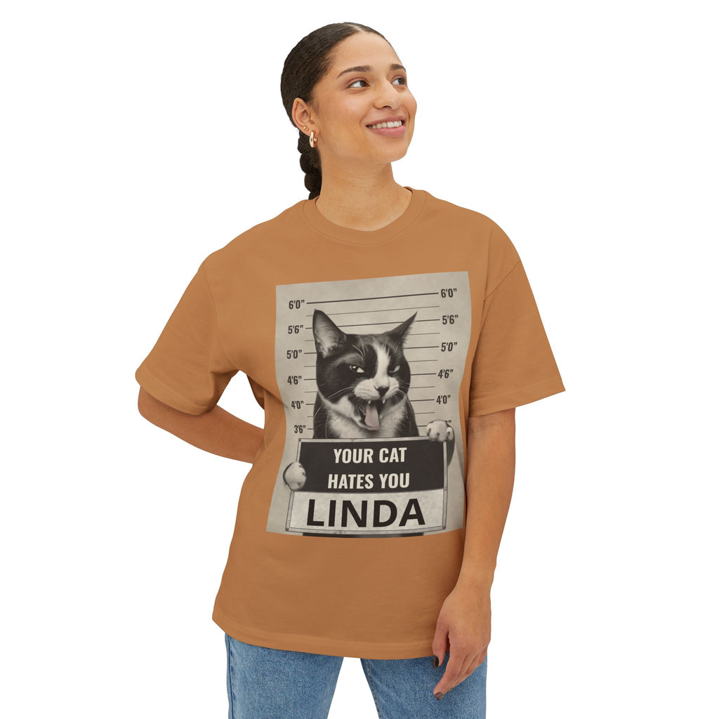 Graphic Tee — 'Your Cat Hates You, Linda' Mugshot Cat Shirt
