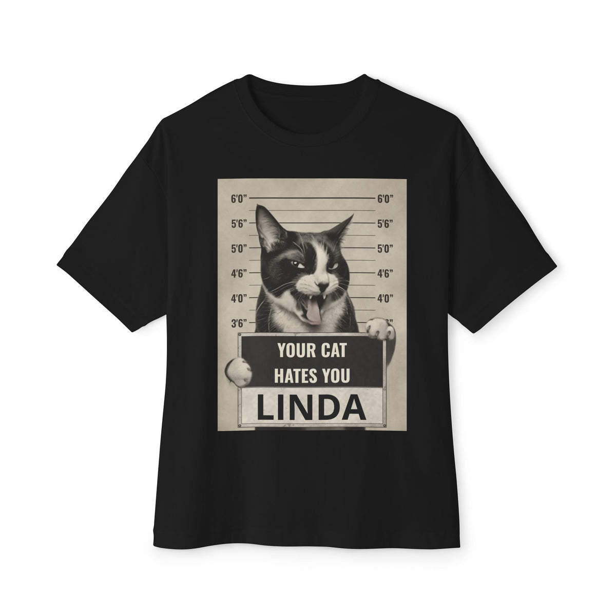 Graphic Tee — 'Your Cat Hates You, Linda' Mugshot Cat Shirt