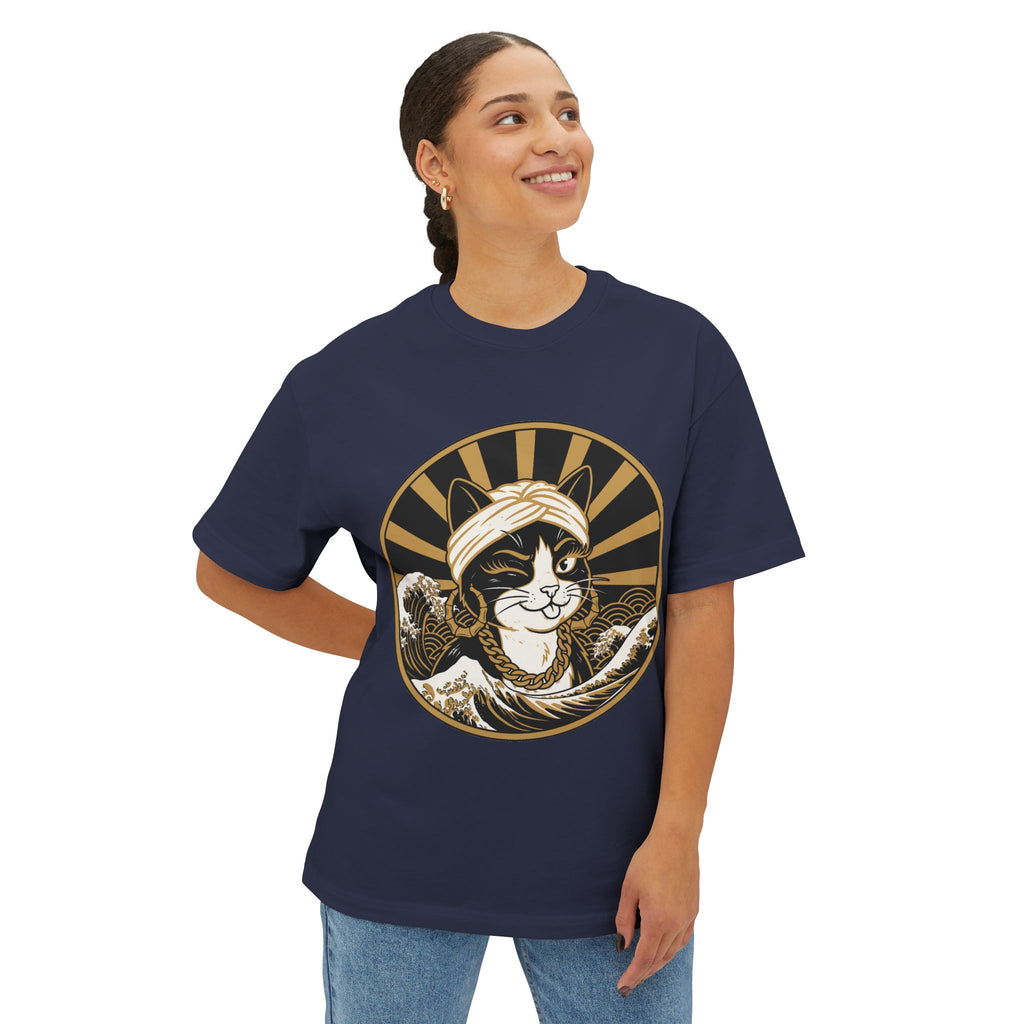 Cat Wave Tee — Retro Samurai Cat Graphic Boxy T‑Shirt