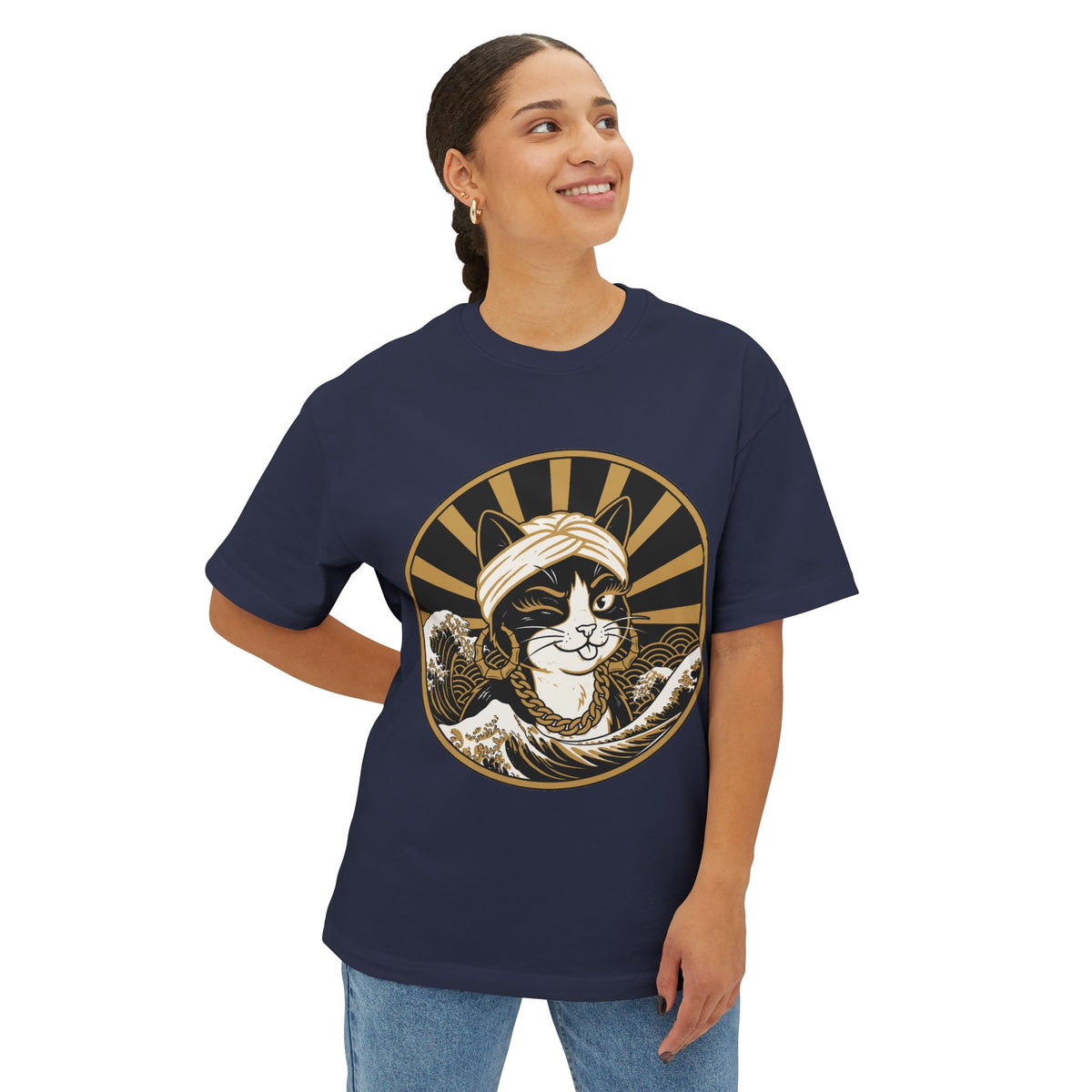 Cat Wave Tee — Retro Samurai Cat Graphic Boxy T‑Shirt