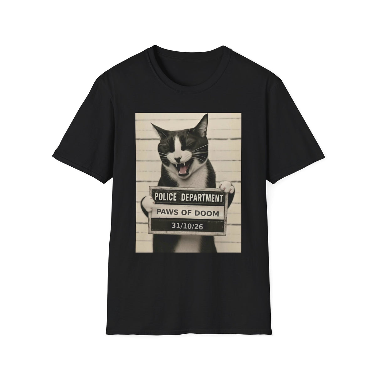 Mugshot Cat T-Shirt – 'Paws of Doom' Funny Vintage Police Poster Tee