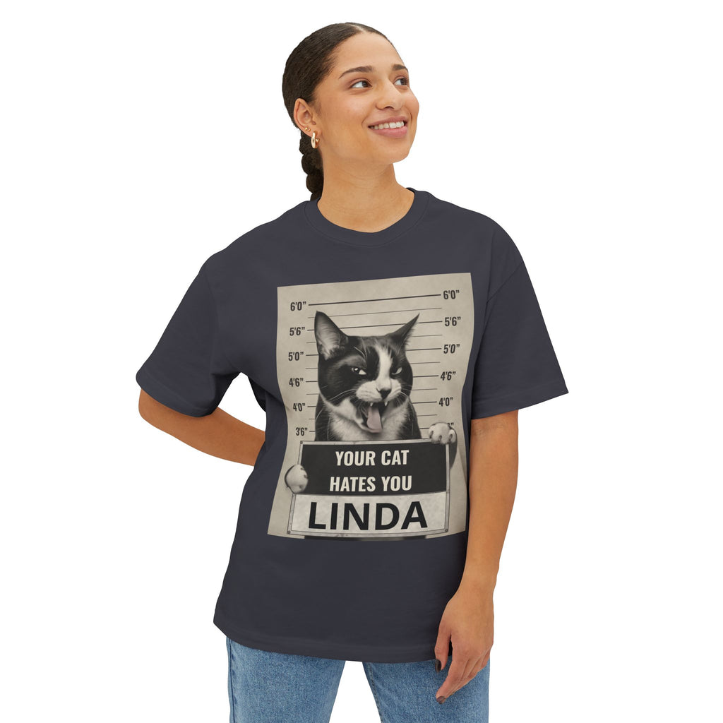 Graphic Tee — 'Your Cat Hates You, Linda' Mugshot Cat Shirt