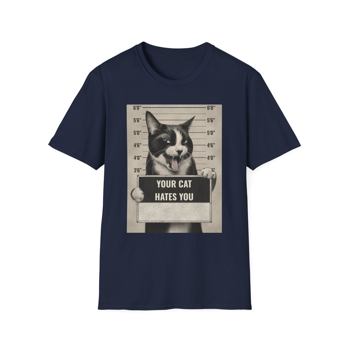 Cat Mugshot T-Shirt — “Your Cat Hates You” Funny Cat Lover Tee