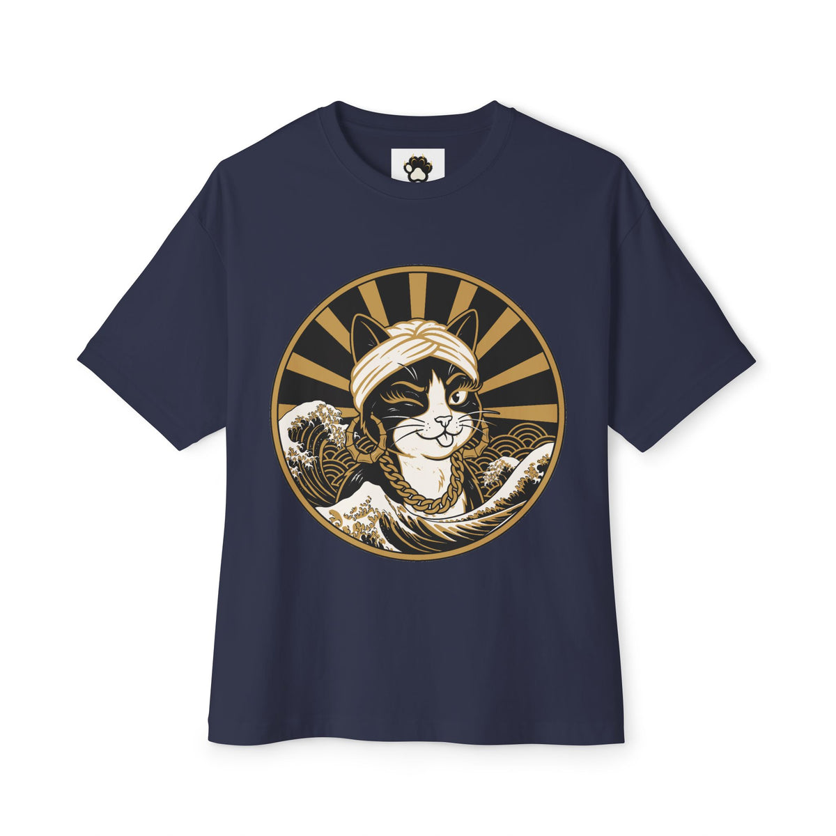 Cat Wave Tee — Retro Samurai Cat Graphic Boxy T‑Shirt