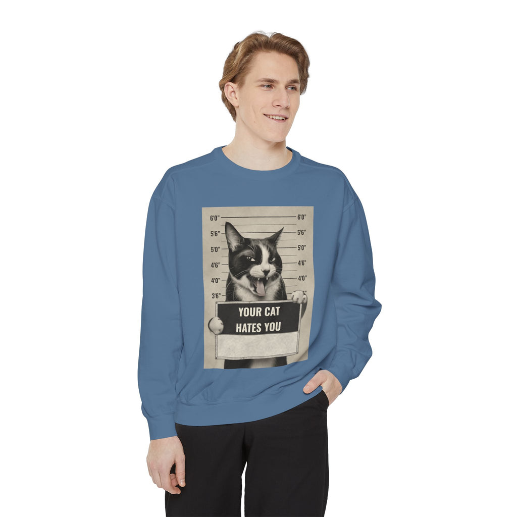 Cat Mugshot Sweatshirt — “Your Cat Hates You” Vintage Pet Lover Pullover