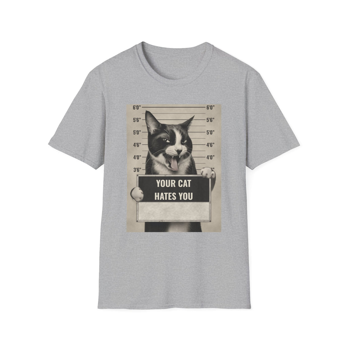 Cat Mugshot T-Shirt — “Your Cat Hates You” Funny Cat Lover Tee