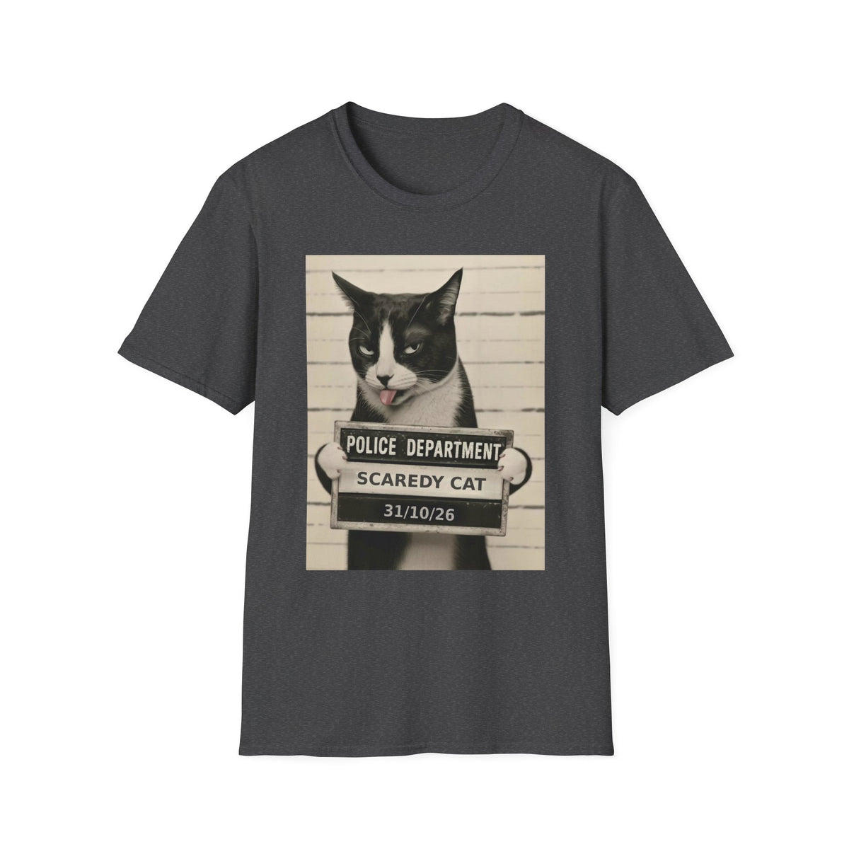 Scaredy Cat Mugshot T-Shirt — Funny Cat Police Department Tee