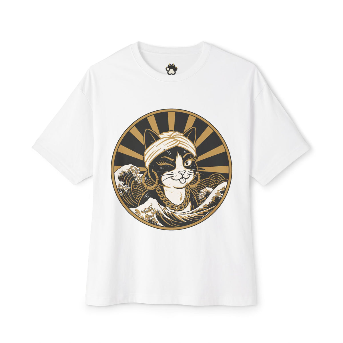 Cat Wave Tee — Retro Samurai Cat Graphic Boxy T‑Shirt