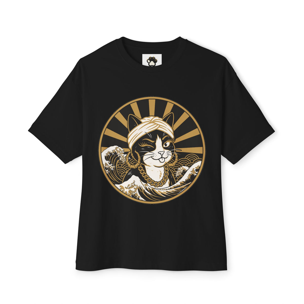 Cat Wave Tee — Retro Samurai Cat Graphic Boxy T‑Shirt