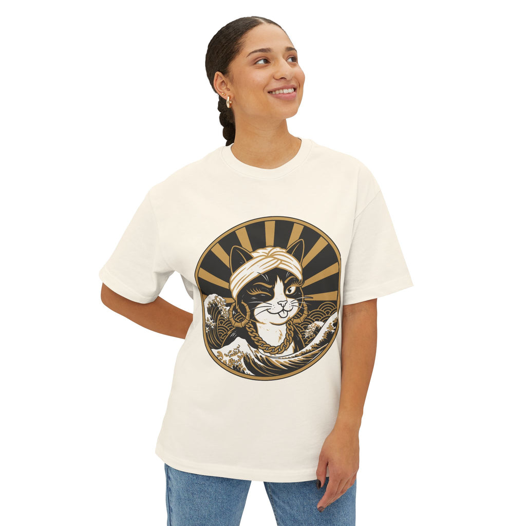 Cat Wave Tee — Retro Samurai Cat Graphic Boxy T‑Shirt