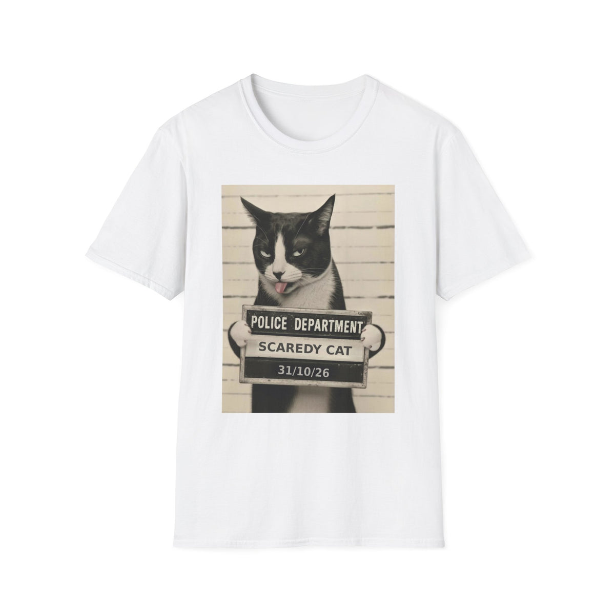 Scaredy Cat Mugshot T-Shirt — Funny Cat Police Department Tee