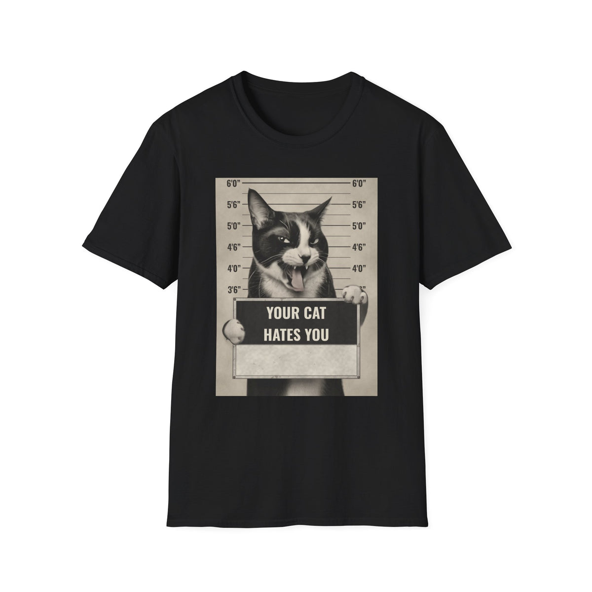 Cat Mugshot T-Shirt — “Your Cat Hates You” Funny Cat Lover Tee