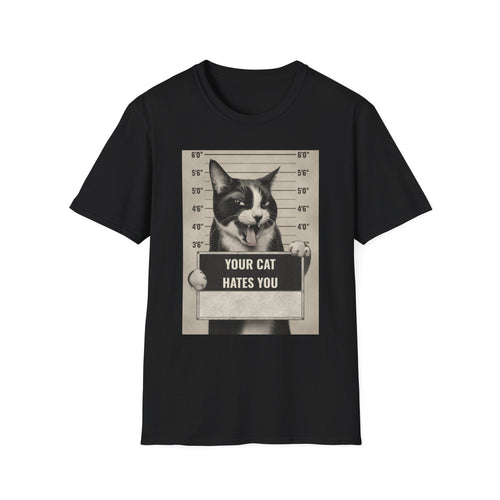 Cat Mugshot T-Shirt — “Your Cat Hates You” Funny Cat Lover Tee