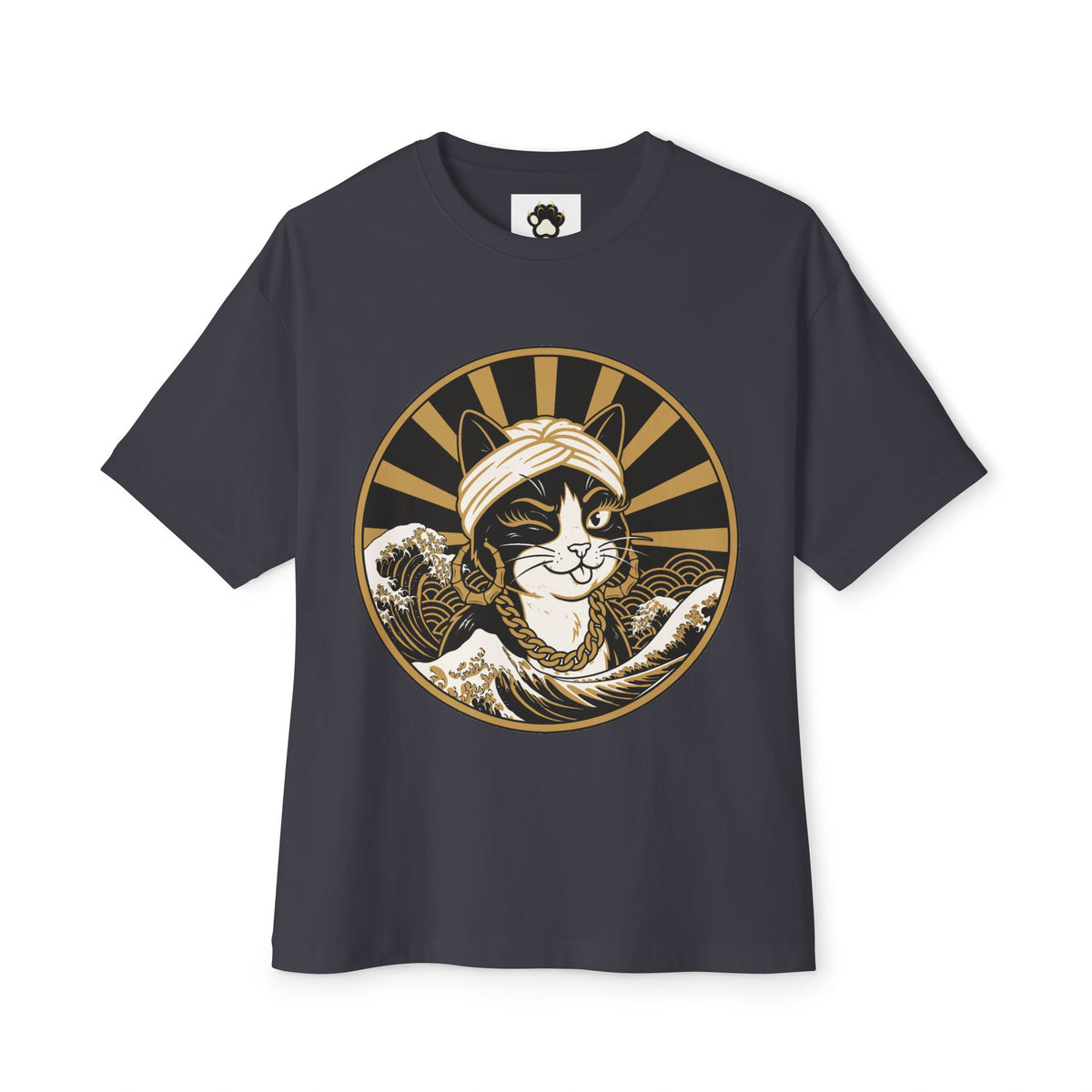 Cat Wave Tee — Retro Samurai Cat Graphic Boxy T‑Shirt