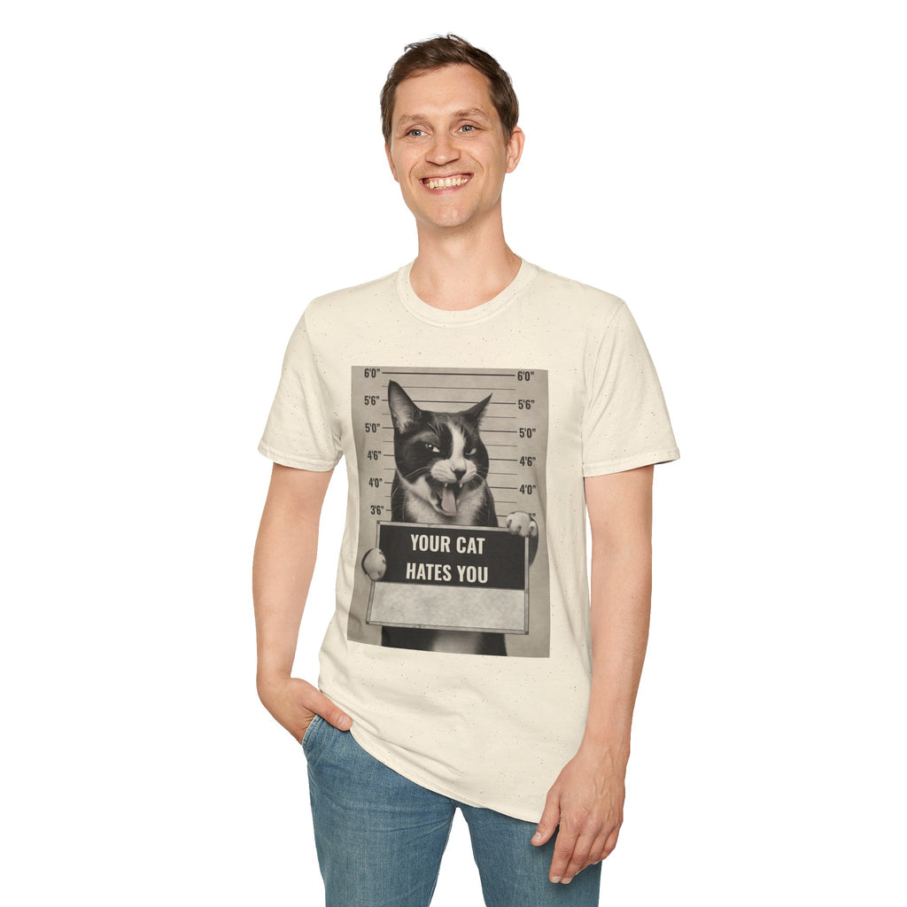 Cat Mugshot T-Shirt — “Your Cat Hates You” Funny Cat Lover Tee
