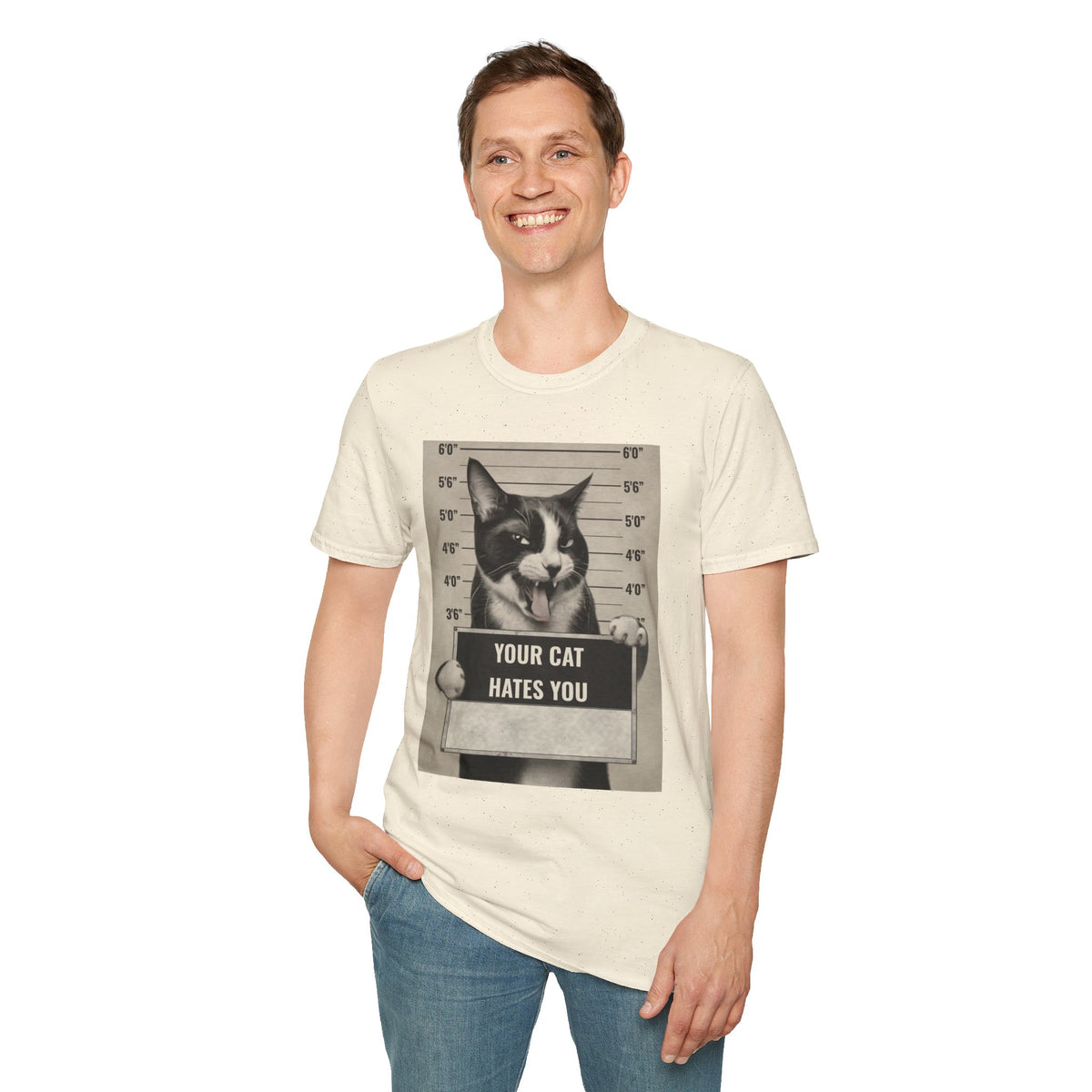 Cat Mugshot T-Shirt — “Your Cat Hates You” Funny Cat Lover Tee