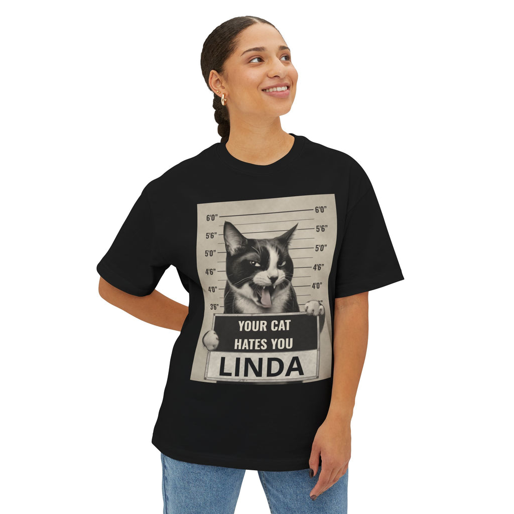 Graphic Tee — 'Your Cat Hates You, Linda' Mugshot Cat Shirt