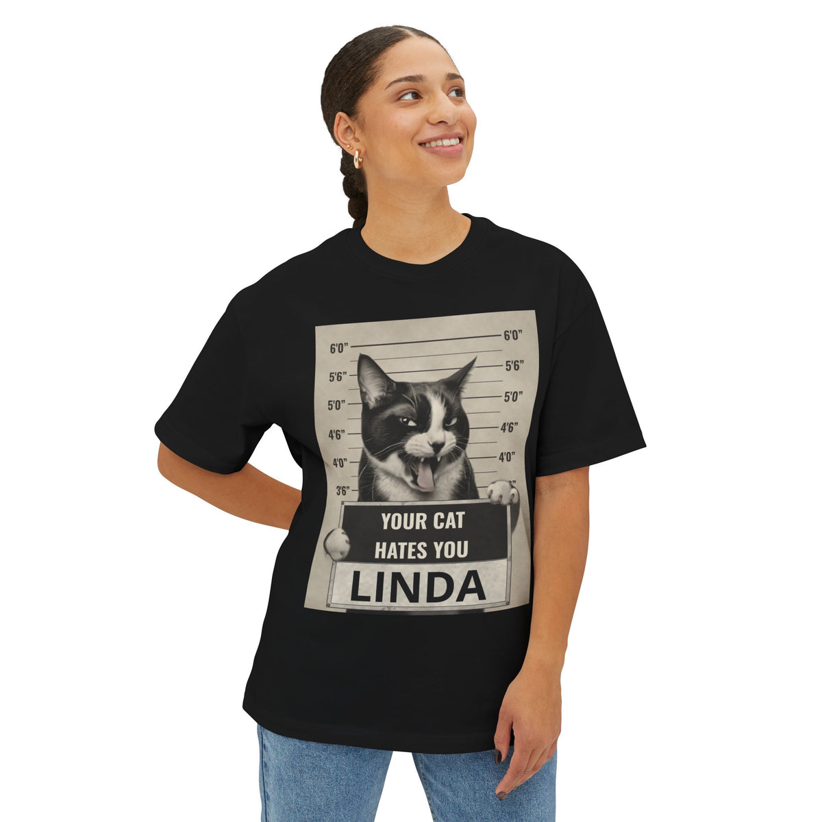 Graphic Tee — 'Your Cat Hates You, Linda' Mugshot Cat Shirt