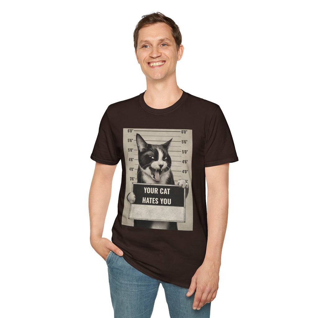 Cat Mugshot T-Shirt — “Your Cat Hates You” Funny Cat Lover Tee