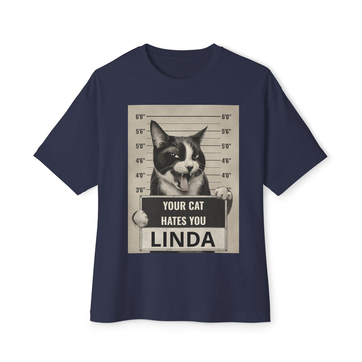 Graphic Tee — 'Your Cat Hates You, Linda' Mugshot Cat Shirt