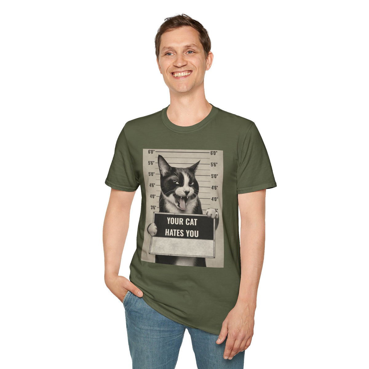 Cat Mugshot T-Shirt — “Your Cat Hates You” Funny Cat Lover Tee