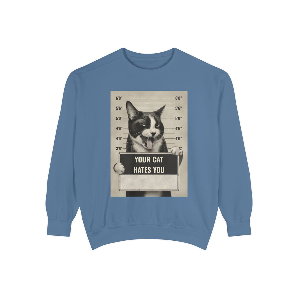 Cat Mugshot Sweatshirt — “Your Cat Hates You” Vintage Pet Lover Pullover