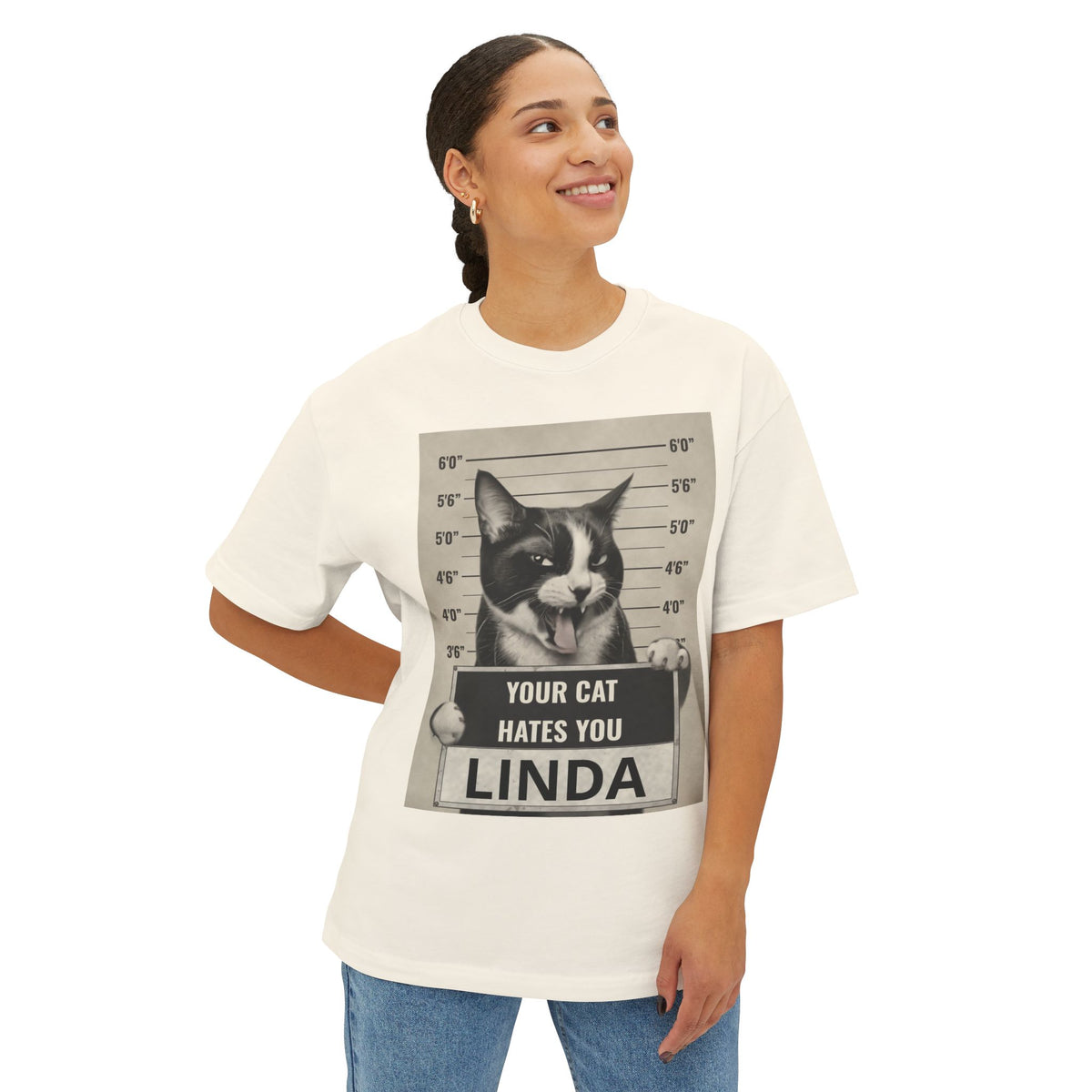 Graphic Tee — 'Your Cat Hates You, Linda' Mugshot Cat Shirt