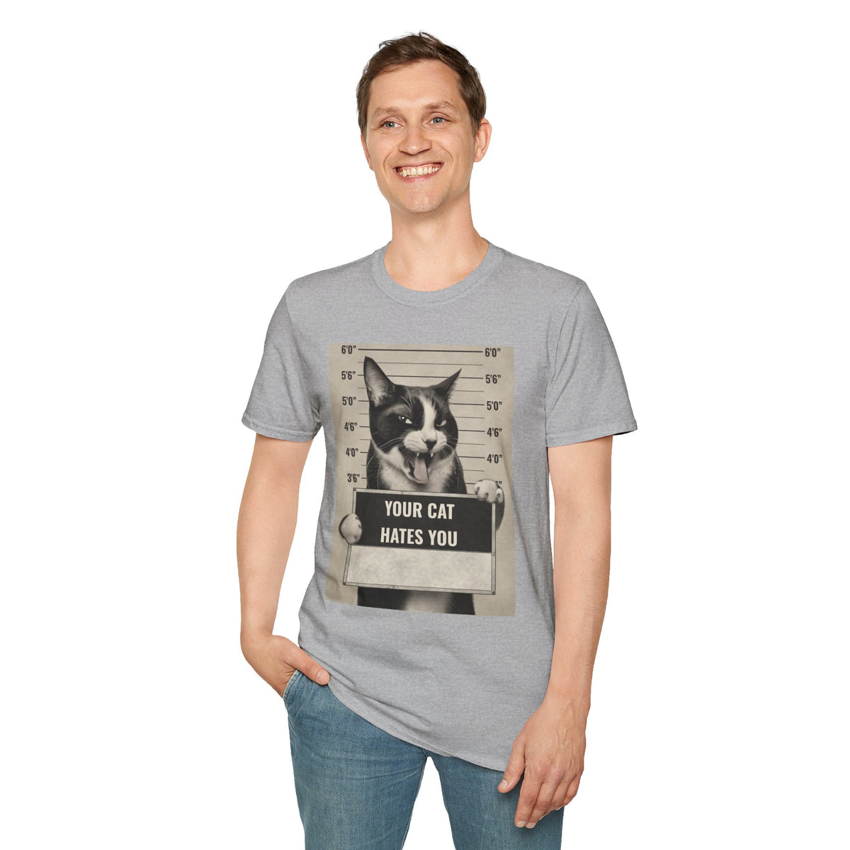 Cat Mugshot T-Shirt — “Your Cat Hates You” Funny Cat Lover Tee
