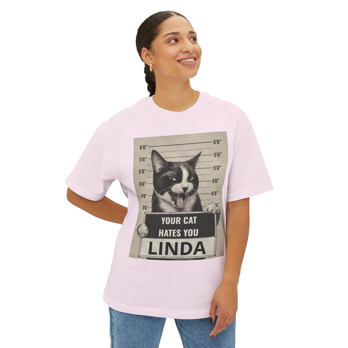 Graphic Tee — 'Your Cat Hates You, Linda' Mugshot Cat Shirt